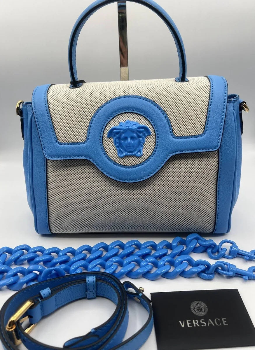 Bolsa Satchel Versace La Medusa em Couro e Lona Azul